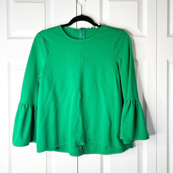 Tibi Weston Green Long Ruffle Sleeve Crew Neck Structured Top Women's Size 0 - Picture 1 of 9